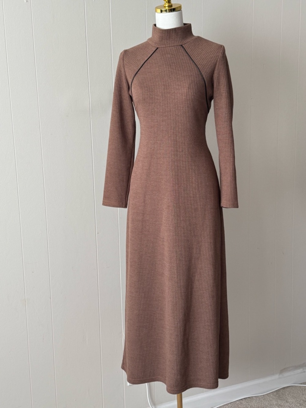 Brown Ribbed Turtleneck Maxi Dress